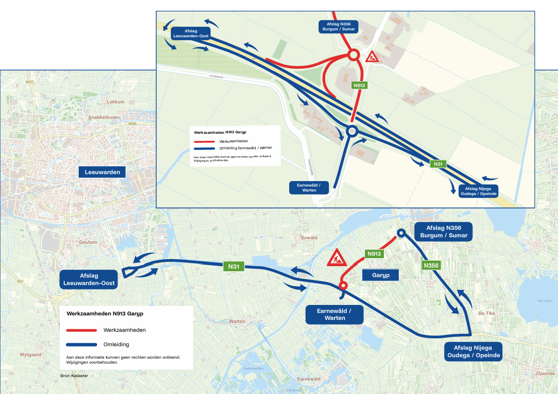 Kaart waar de onderhoudswerkzaamheden en de omleidingen op aangegeven staan.