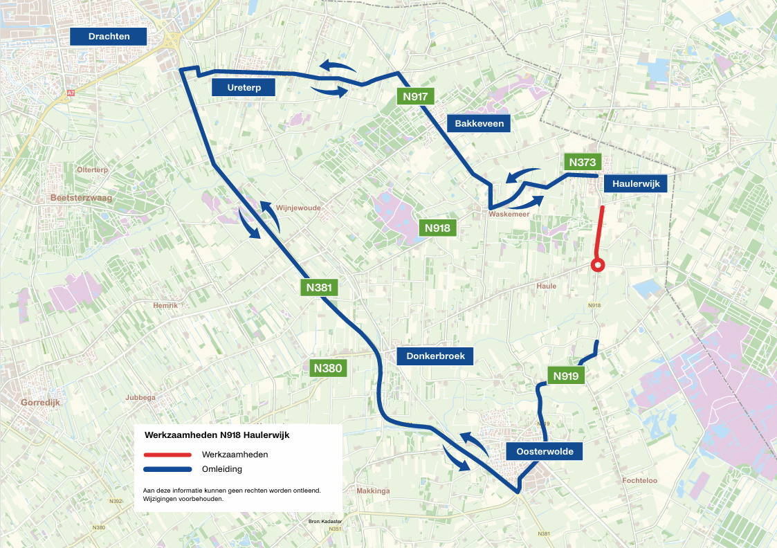 Overzichtskaartje waar de omleiding en de stremming op aangegeven staat.