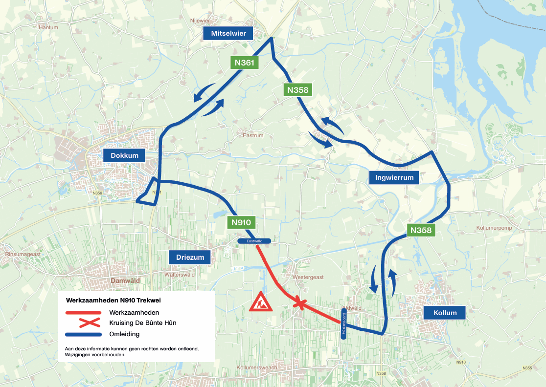Overzichtskaartje waar de omleiding en de stremming op aangegeven wordt.