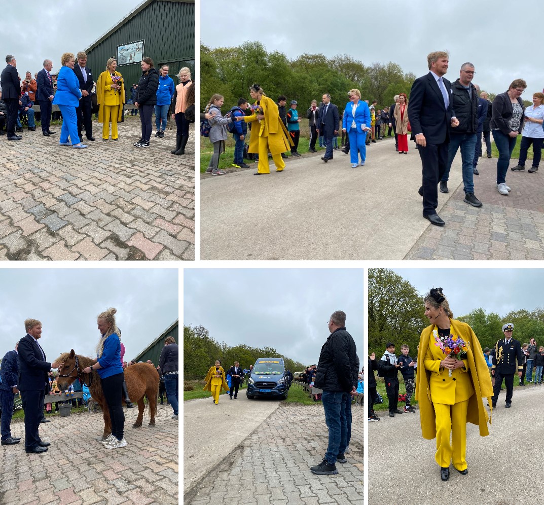 Een collage van de aankomst van de Koning en Koningin op Schiermonnikoog bij het melkveebedrijf