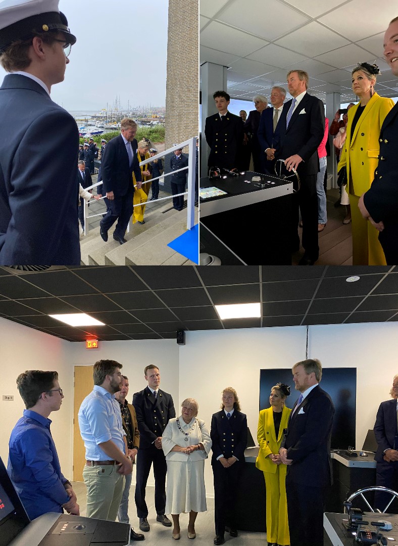 Fotocollage van drie foto's waar het Koningspaar de trap van het museum op loopt, les krijgen in varen en in gesprek zijn met docenten en studenten
