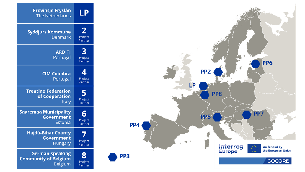 Op een kaart van Europa worden alle partnerschappen aangegeven met een nummer.