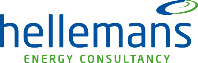 Logo van Hellema Energy Consultancy in blauwe en groene kleuren. Rechtsbovenin staat een ovaal met een krulletje naar binnen