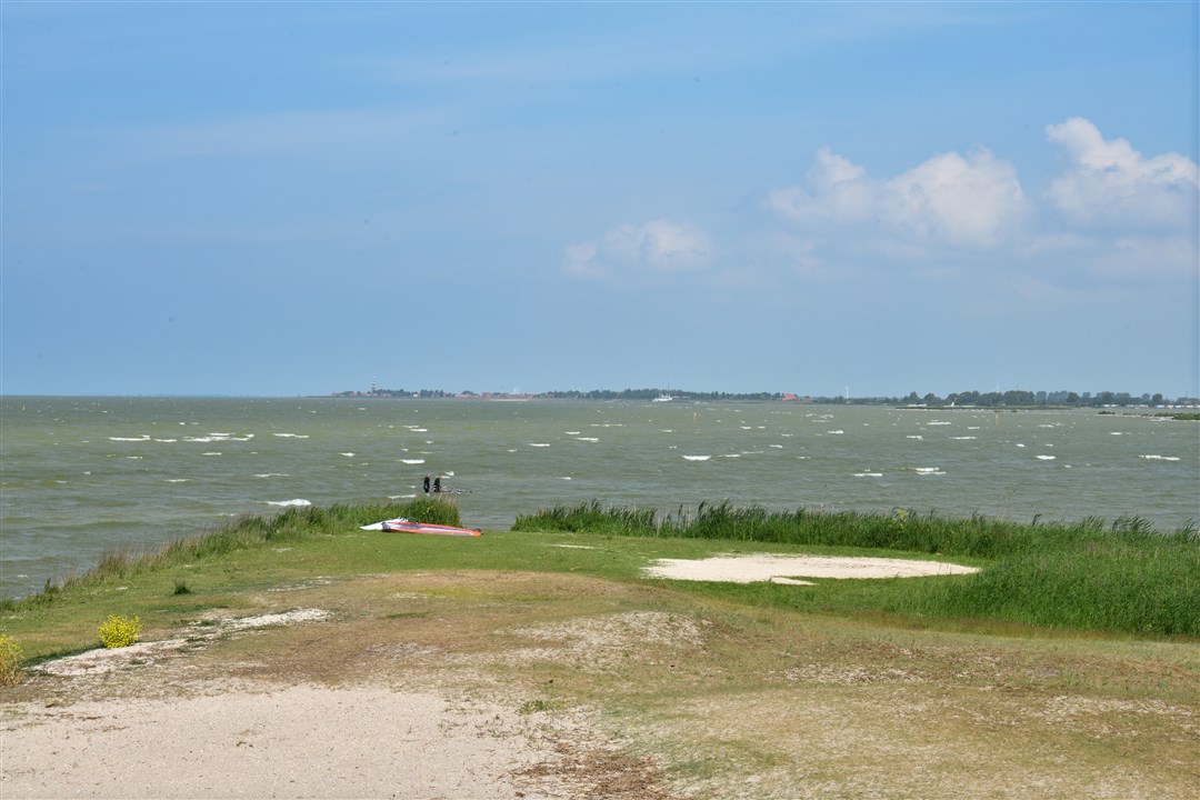 Ijsselmeer met op de voorgrond zand en gras.