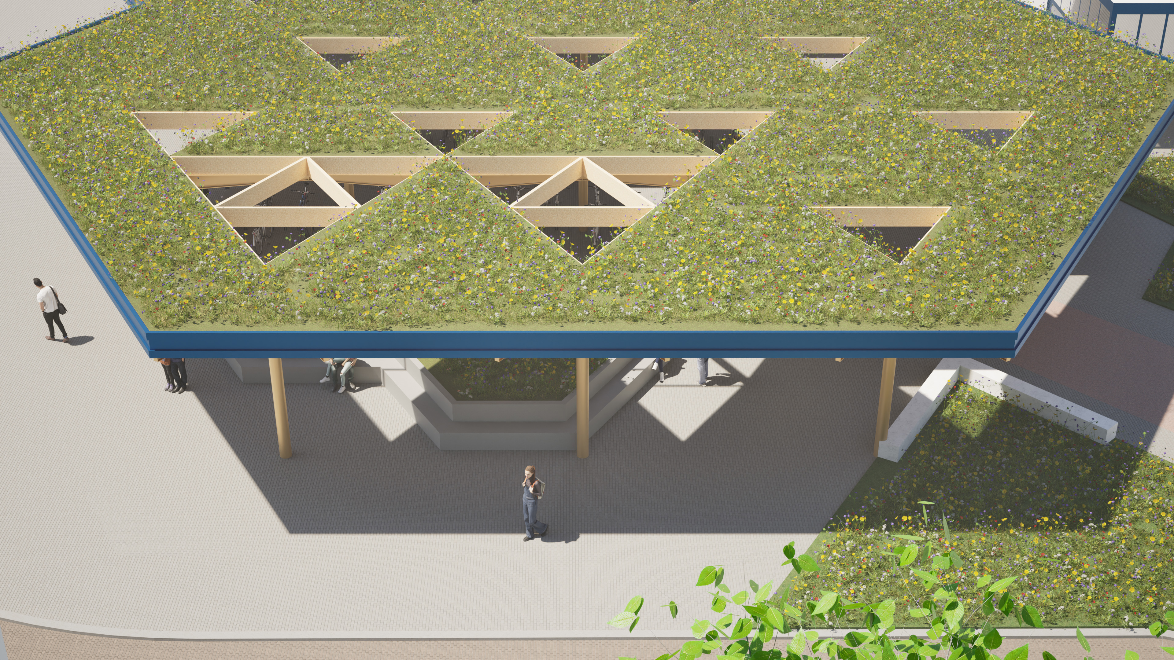 Een impressie van de nieuwe overkapping op het busstation in Heerenveen. Een houten overkapping met gras op het dak.