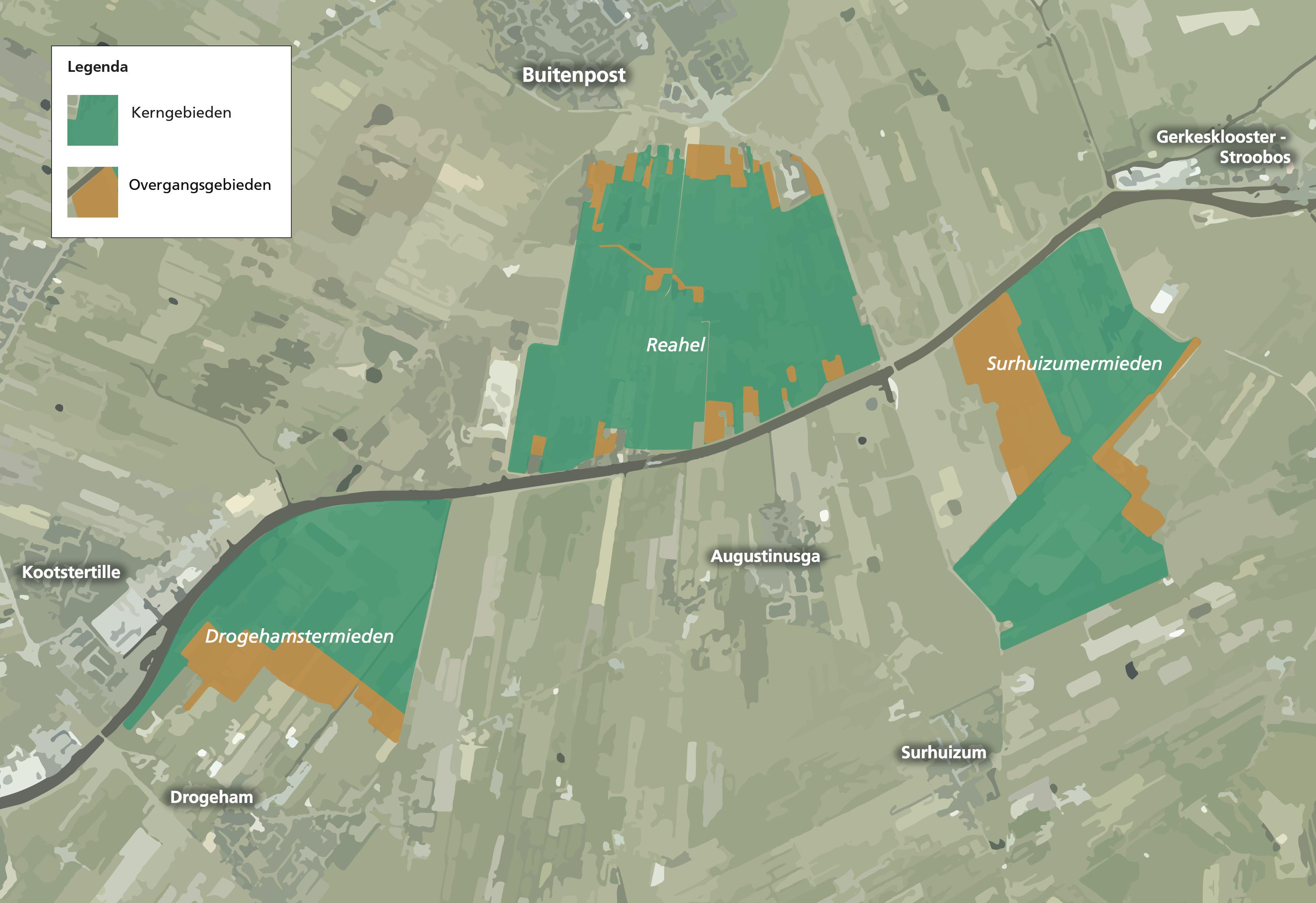 Een overzichtskaart met daarin de kerngebieden en de overgangsgebieden aangegeven