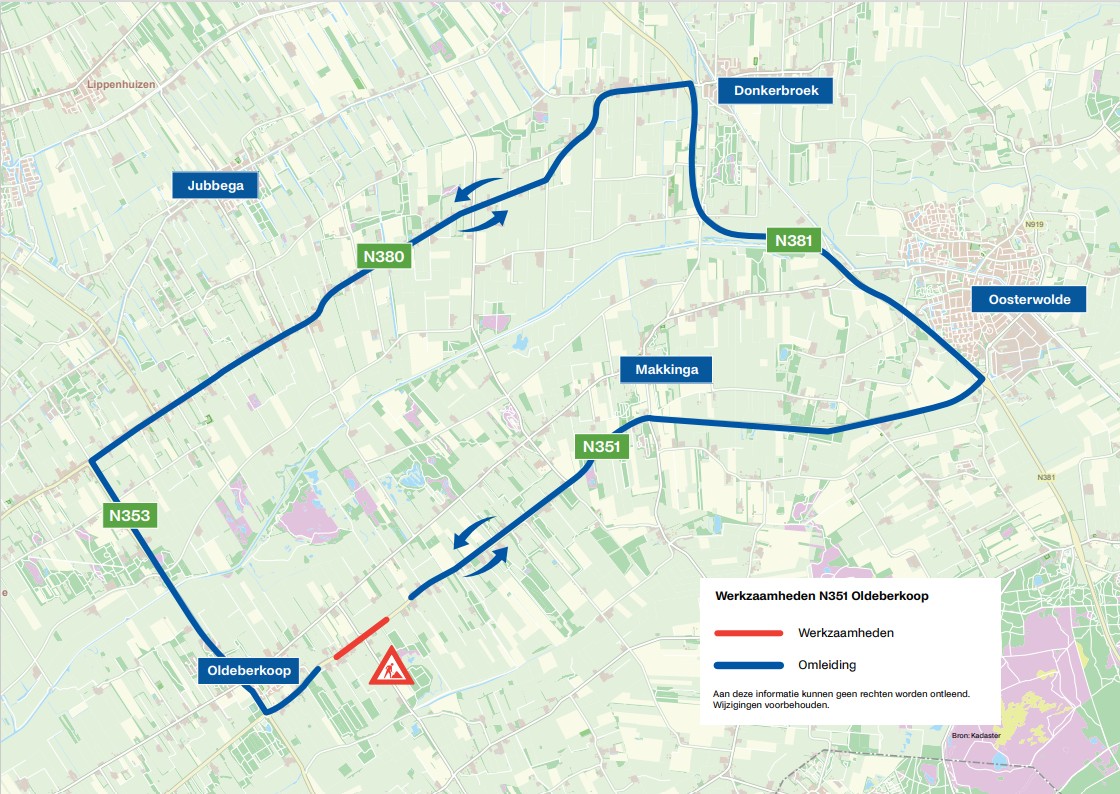 Een kaart waar de omleiding en de stremming op aangegeven wordt.
