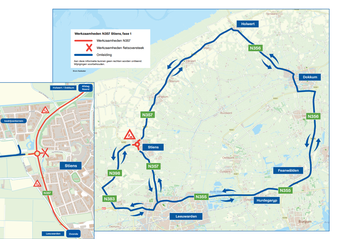 Bovenaanzicht van de kaart waar de omleiding is en waar de stremming is.