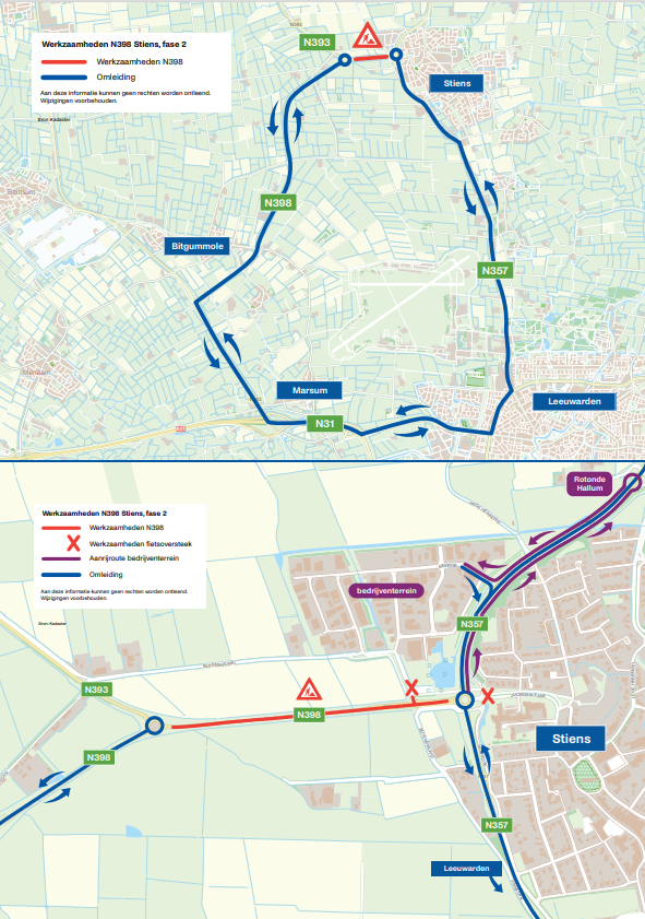 Bovenaanzicht van de kaart waar de omleiding is en waar de stremming is.