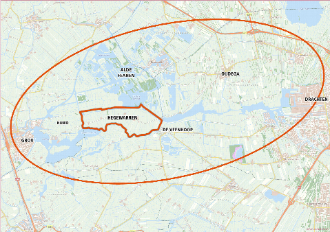 Overzichtskaartje van de Alde Feanen waar het gebied de Hegewarren in ligt en rood omrand is