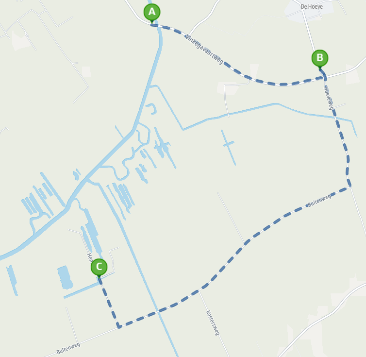 Overzichtskaartje waar met een stippellijn de omleiding op aangegeven staat.