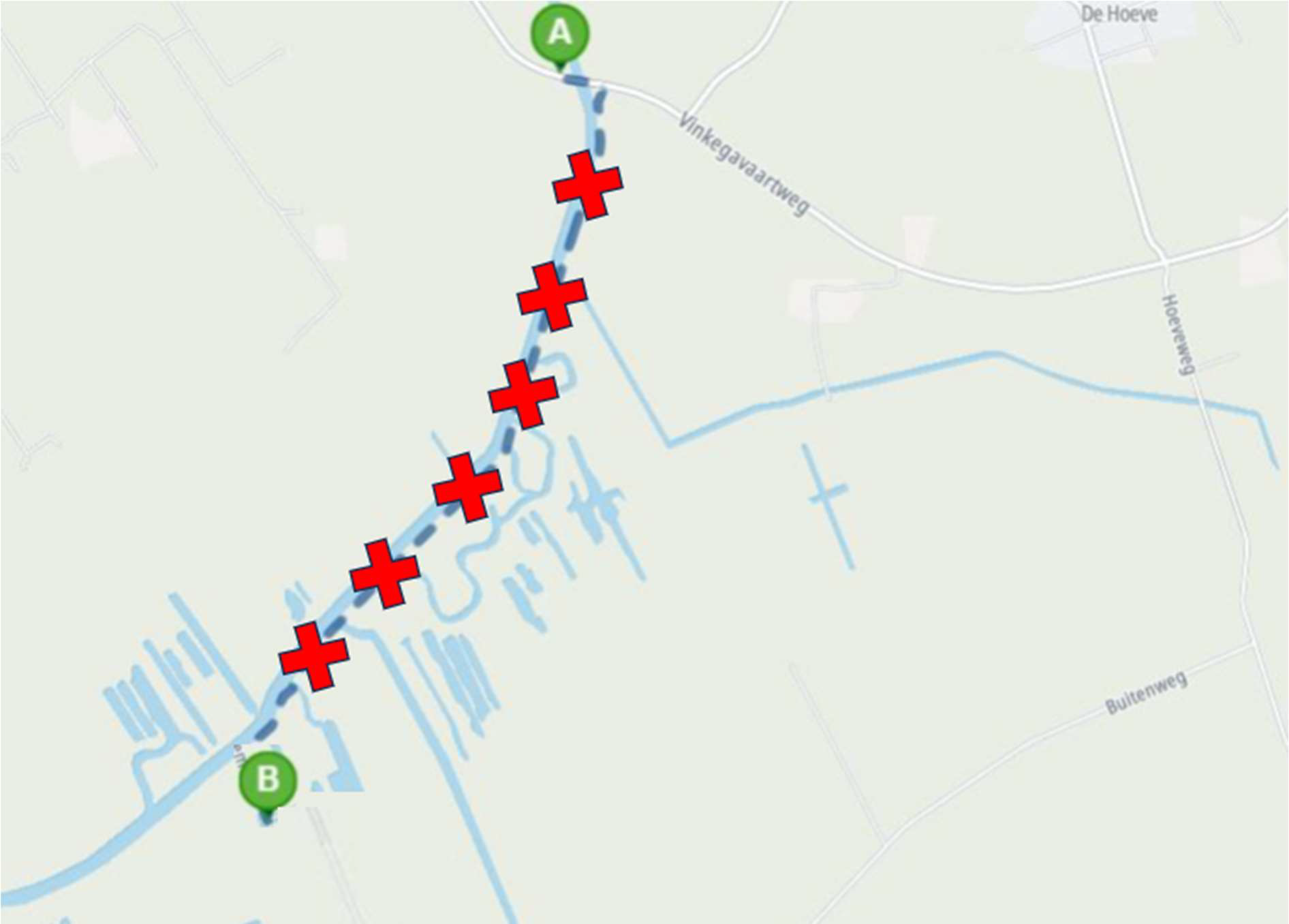 Een overzichtskaartje waar met rode kruizen aangegeven wordt waar de fietsafsluiting is.