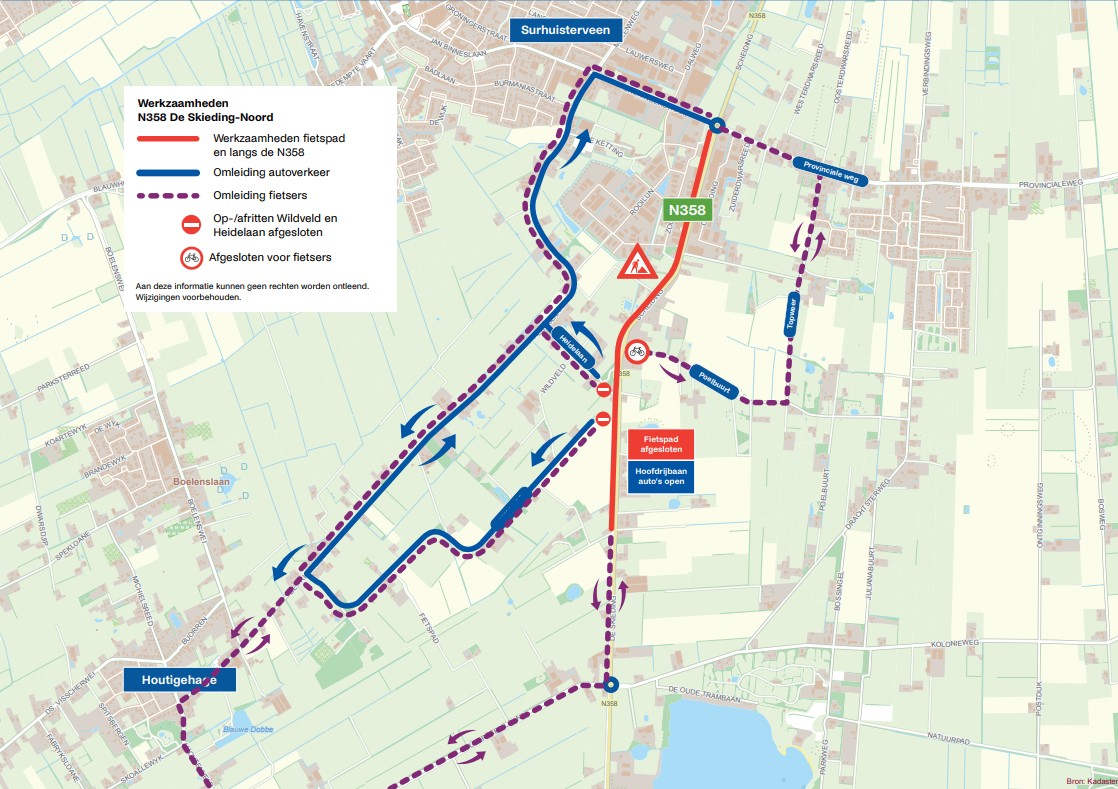 Overzichtskaartje waar de omleiding voor de fiets en de auto en de werkzaamheden op aangegeven zijn.