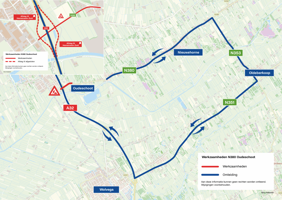 Kaart waar de werkzaamheden en de omleiding op aangegeven staan.