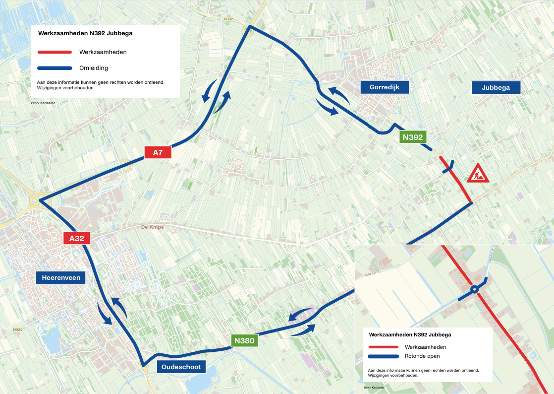Kaart waarop de omleiding en de stremming op aangegeven wordt.