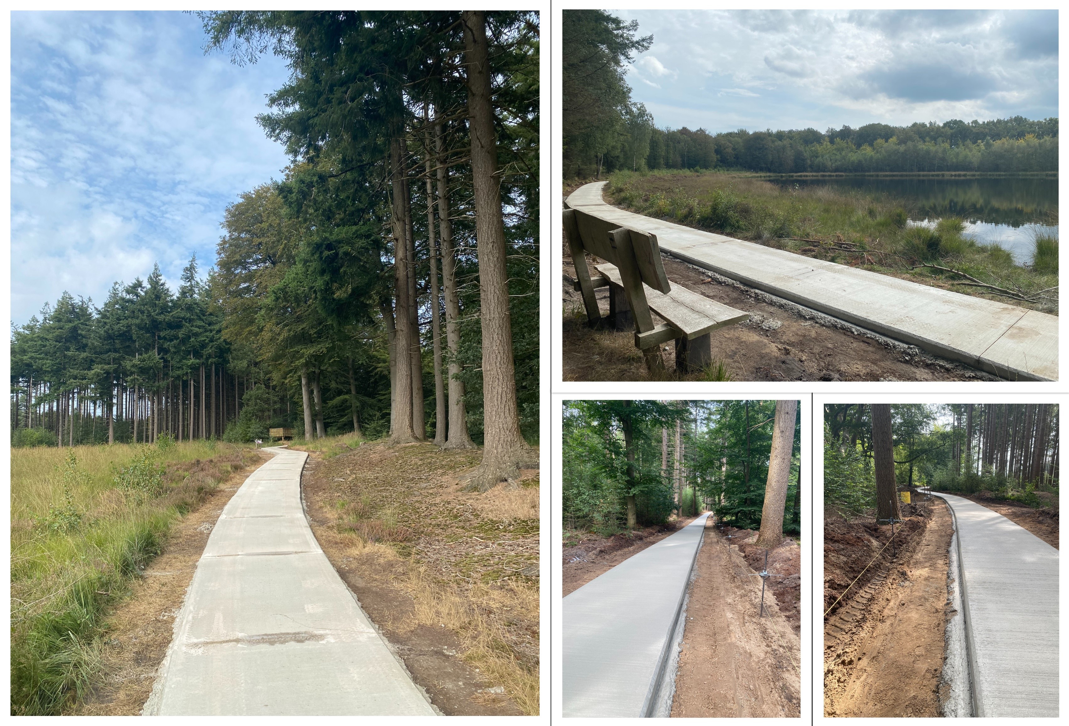 Vier foto's van het vernieuwde fietspad die door het bos lopen.