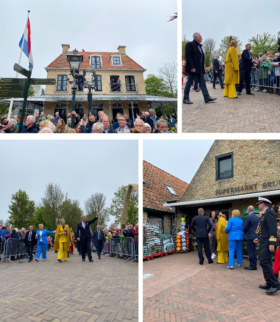 Verschillende beelden hoe het Koningspaar onderweg langs de menigte naar de Spar toe lopen