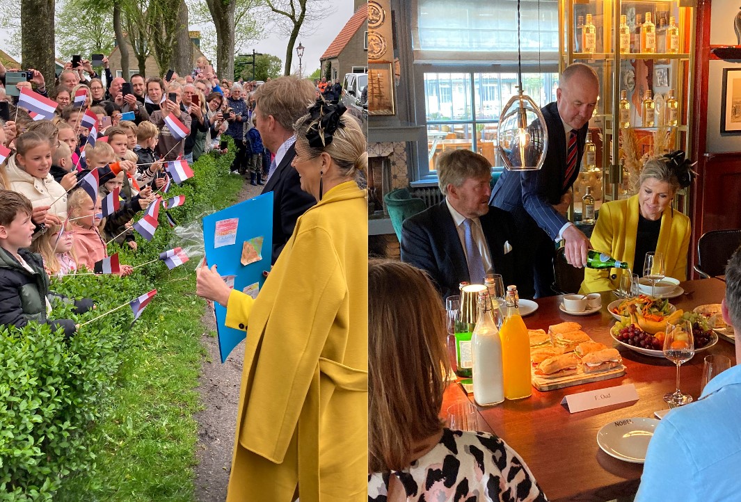 Het Koningspaar onderweg naar Hotel Nobel waar ze vervolgens een lunch aangeboden krijgen