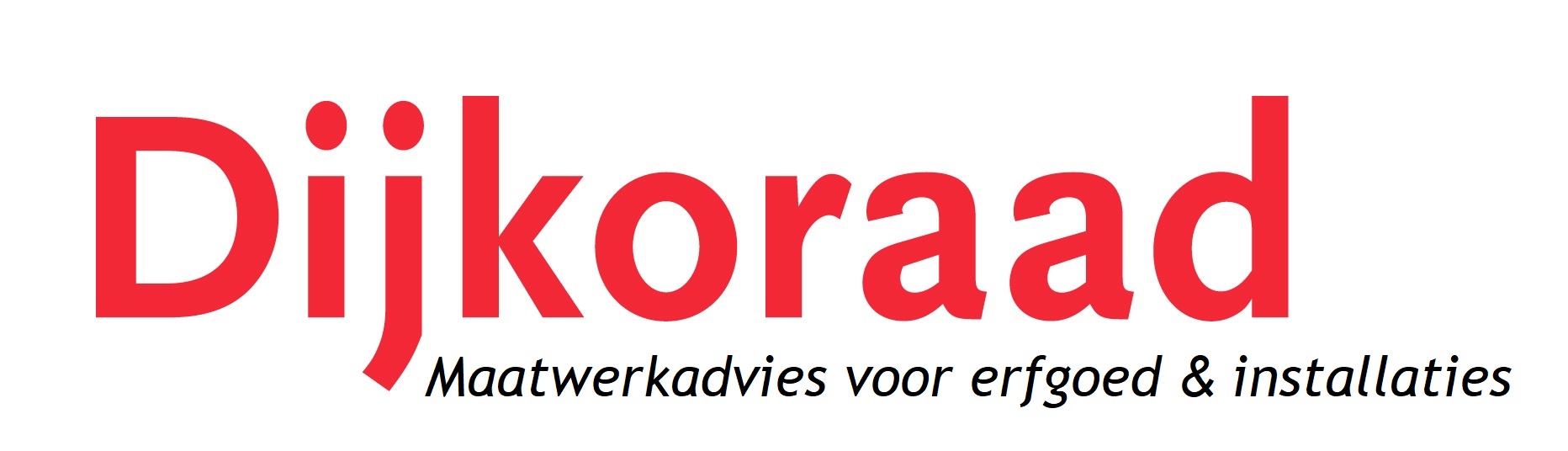 Logo van Dijkoraad. Dijkoraad staat in rode letters met daaronder cursief geschreven "Maatwerkadvies voor erfgoed & installaties"