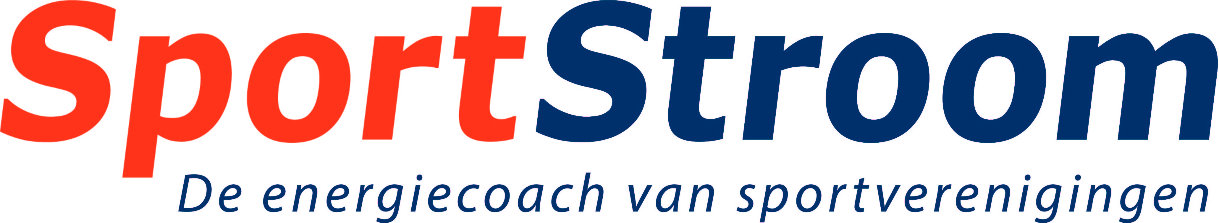 Logo van SportStroom. Sport staat in rode letters en Stroom in blauwe letters. Eronder staat De energiecoach van sportverenigingen