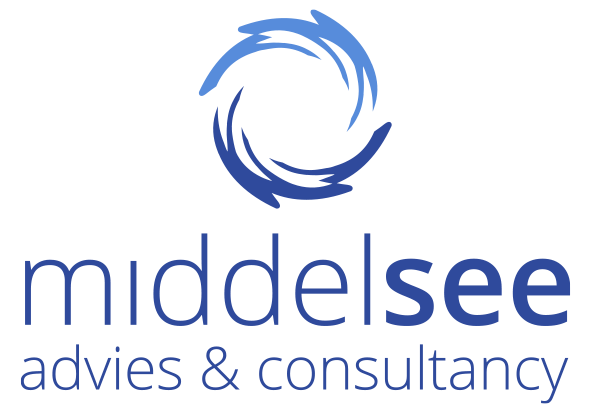 Logo van Middelsee advies en consultancy. Alles woorden zijn in het blauw en bovenaan staat een soort cirkel 