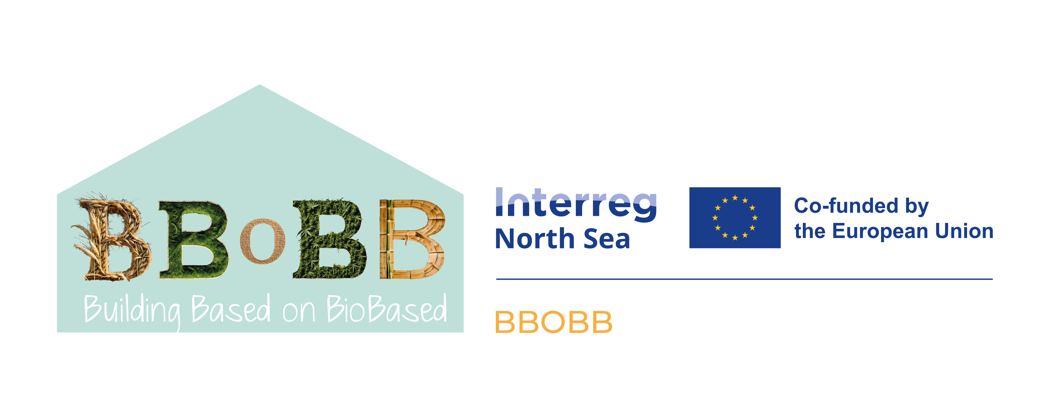 Logo waar een groen huisje op staat met daar de letter BBoBB en daaronder uitgeschreven Building Based on BioBased en daarnaast Interreg North sea met europees vlaggetje