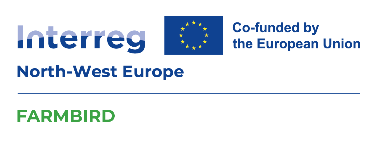 Logo waar Interreg North-West Europe op staat met de Europese vlag en in groene hoofdletters FARMBIRD.