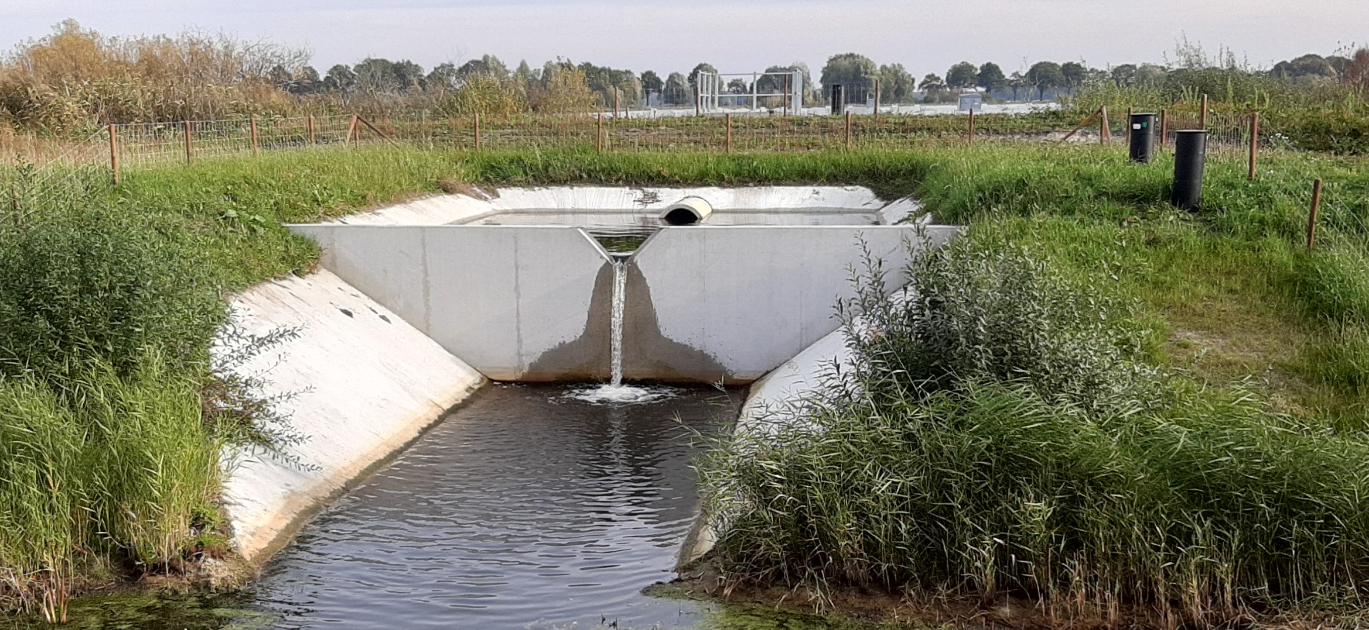 Een stuwdammetje in een sloot met daar grasvelden om heen.