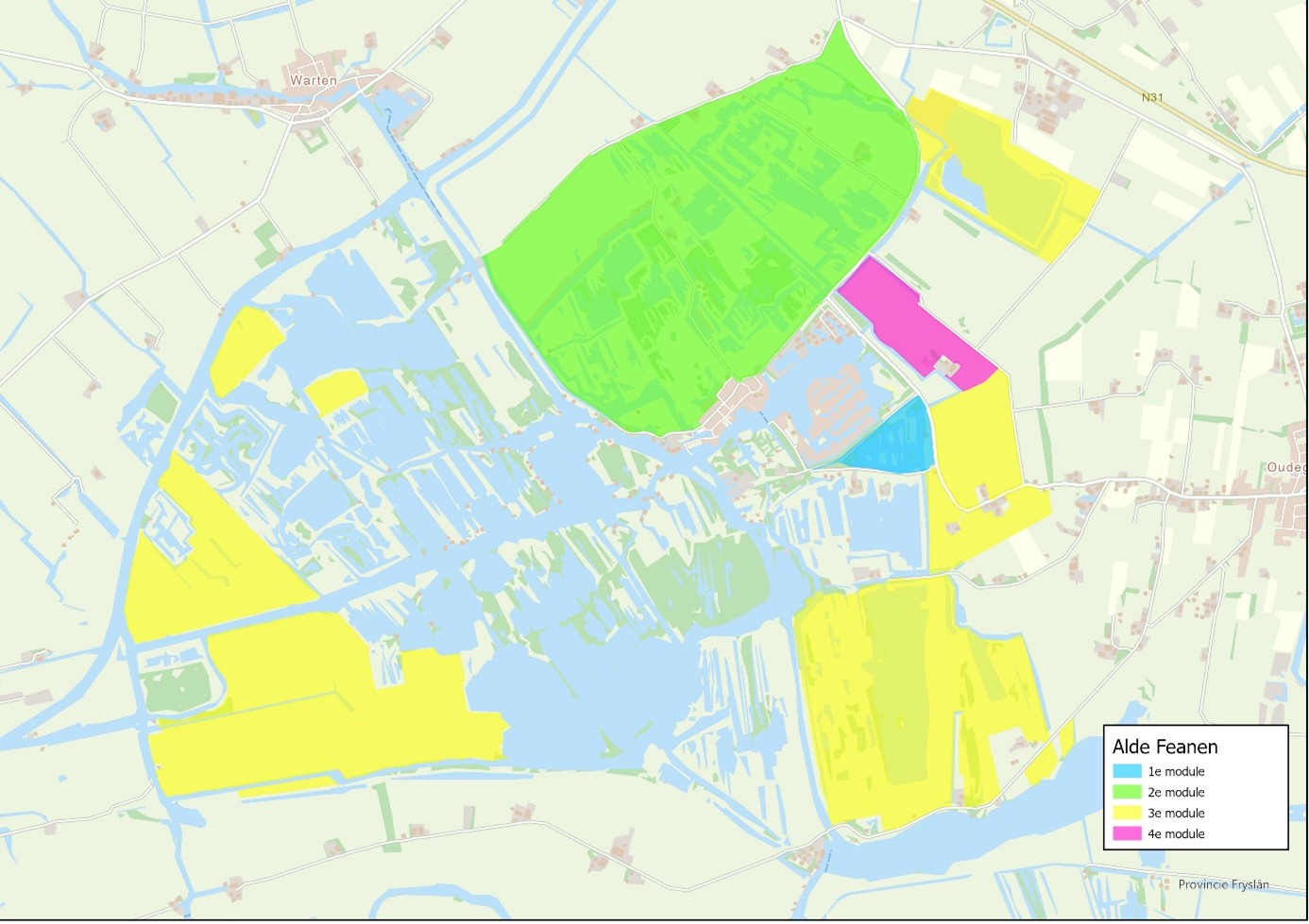 Een kaart waar de vier modulegebieden op zijn weergegeven