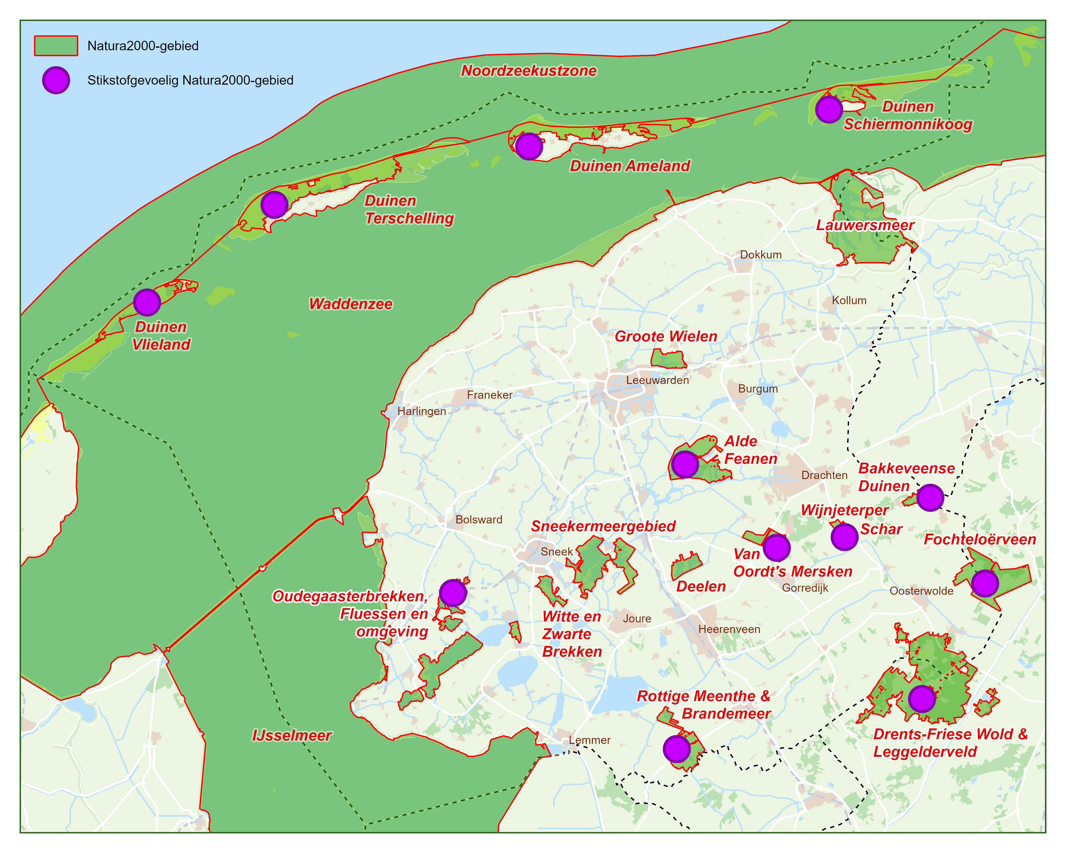 Kaart waar de stikstofgebieden staan.