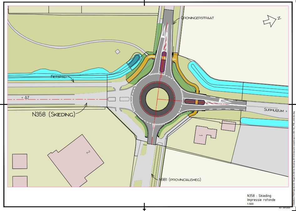 De situatie van de nieuwe rotonde en de fietspaden getekend.