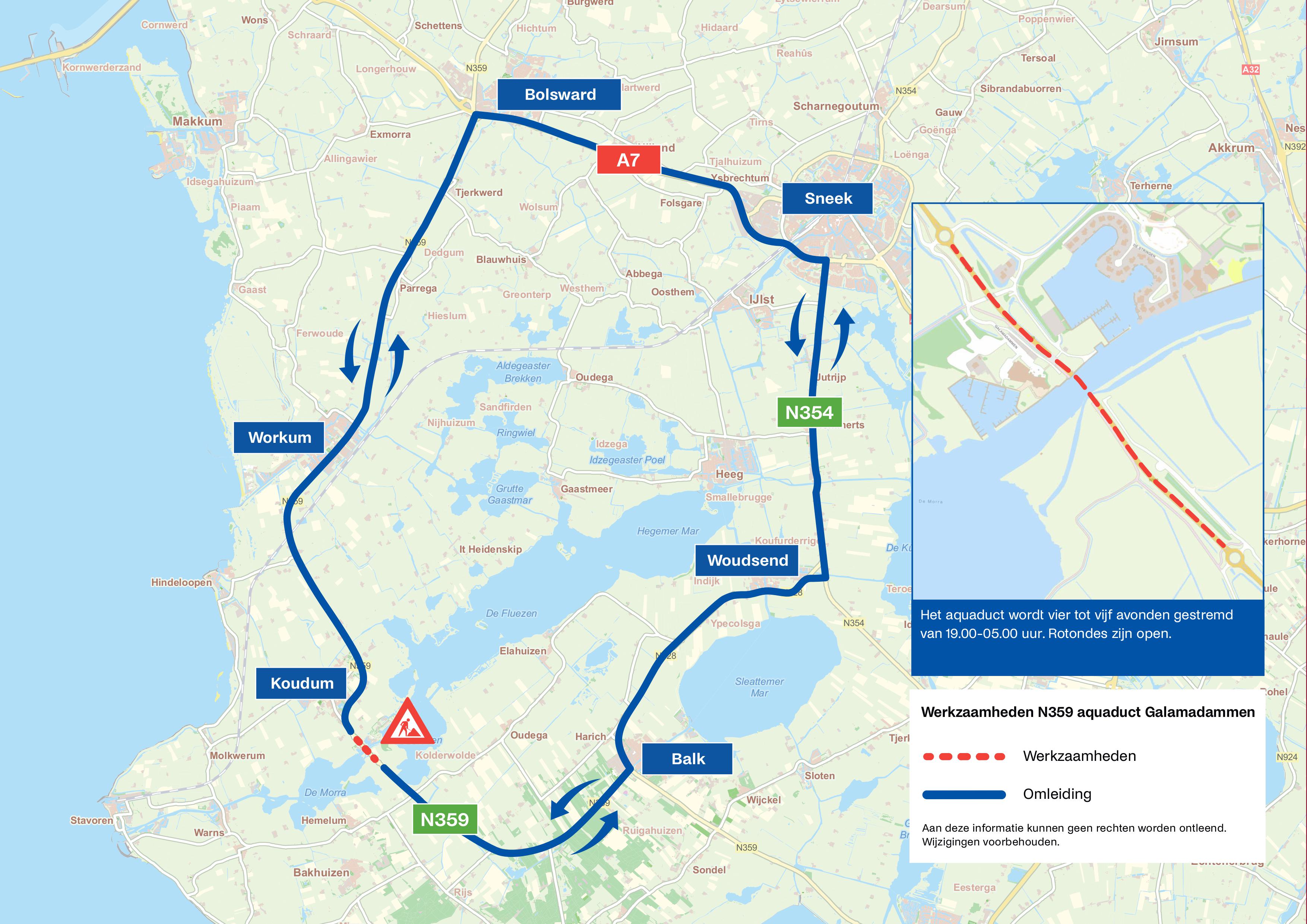 Bovenaanzicht van de werkzaamheden. De doorlopende lijn geeft de omleiding aan. De stippellijn geeft de plaats van de werkzaamheden aan.