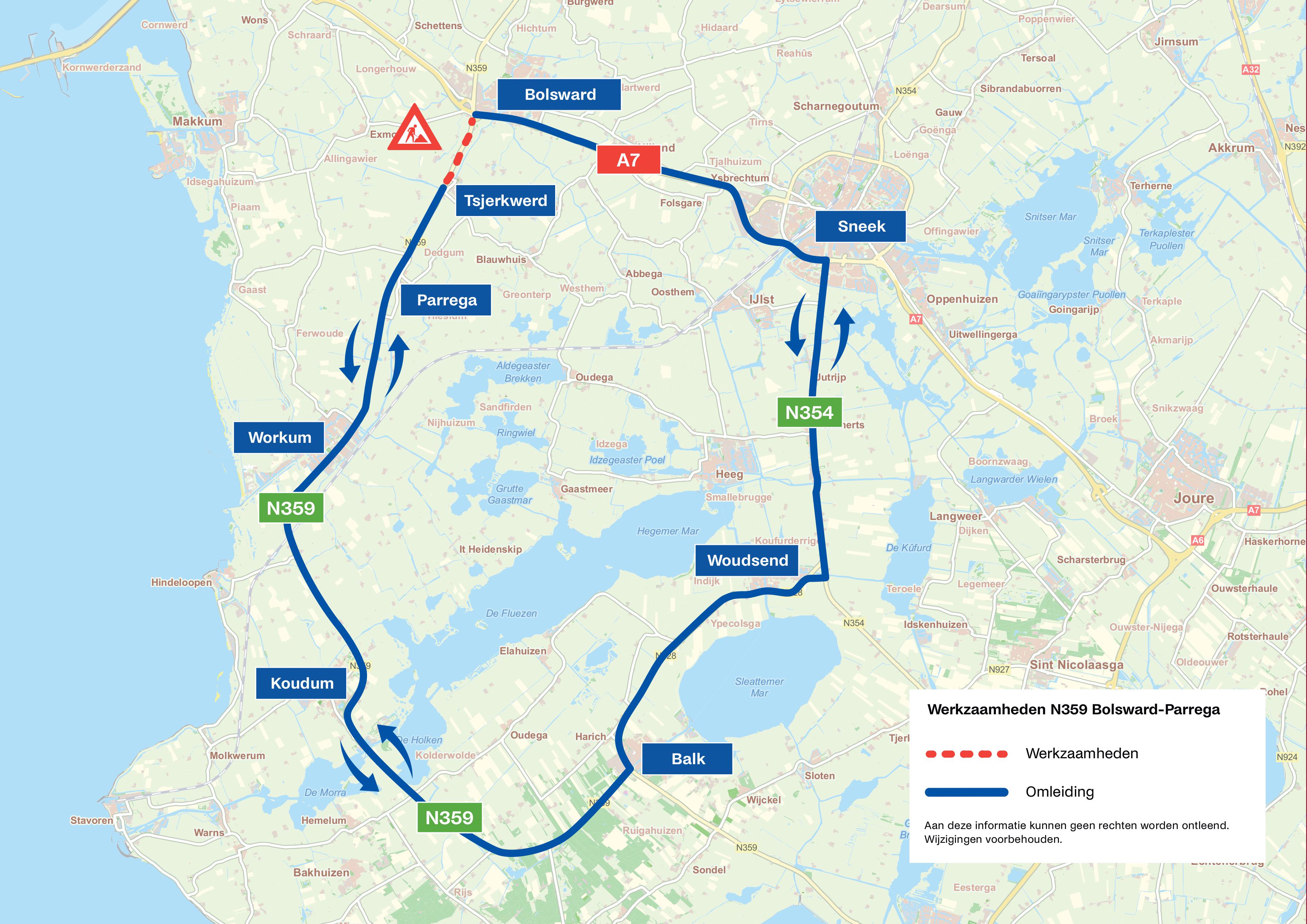 Bovenaanzicht van de werkzaamheden. De doorlopende lijn geeft de omleiding aan. De stippellijn geeft de plaats van de werkzaamheden aan.