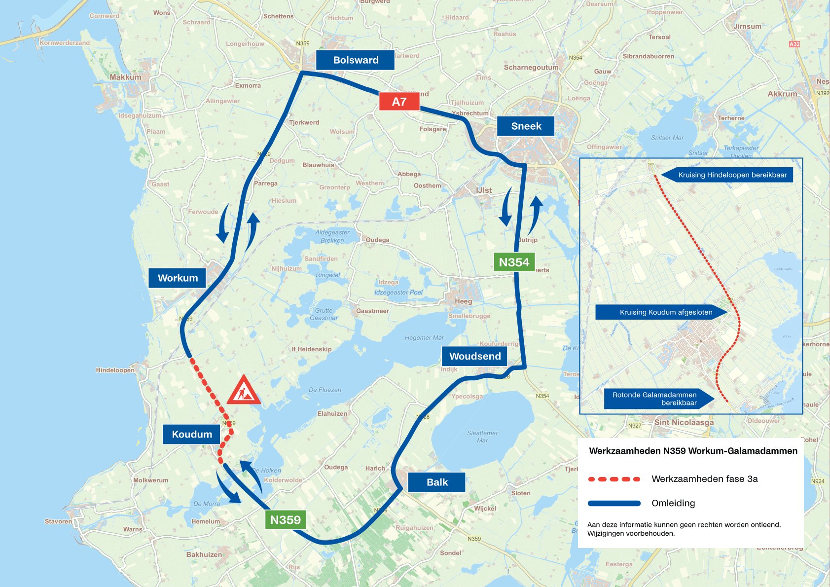 Bovenaanzicht van de werkzaamheden. De doorlopende lijn geeft de omleiding aan. De stippellijn geeft de plaats van de werkzaamheden aan.