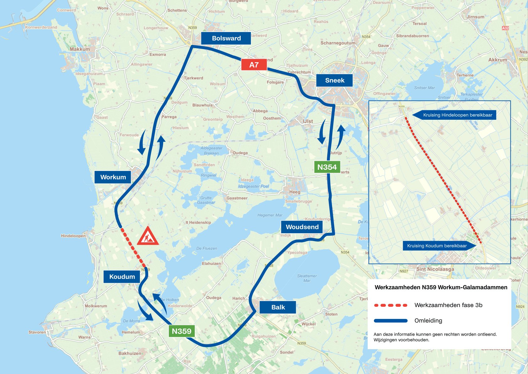 Bovenaanzicht van de werkzaamheden. De doorlopende lijn geeft de omleiding aan. De stippellijn geeft de plaats van de werkzaamheden aan.