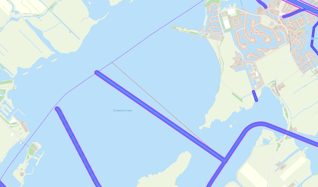 Op deze kaart wordt met doorgetrokken dikke lijn de vaargeulen aangegeven.