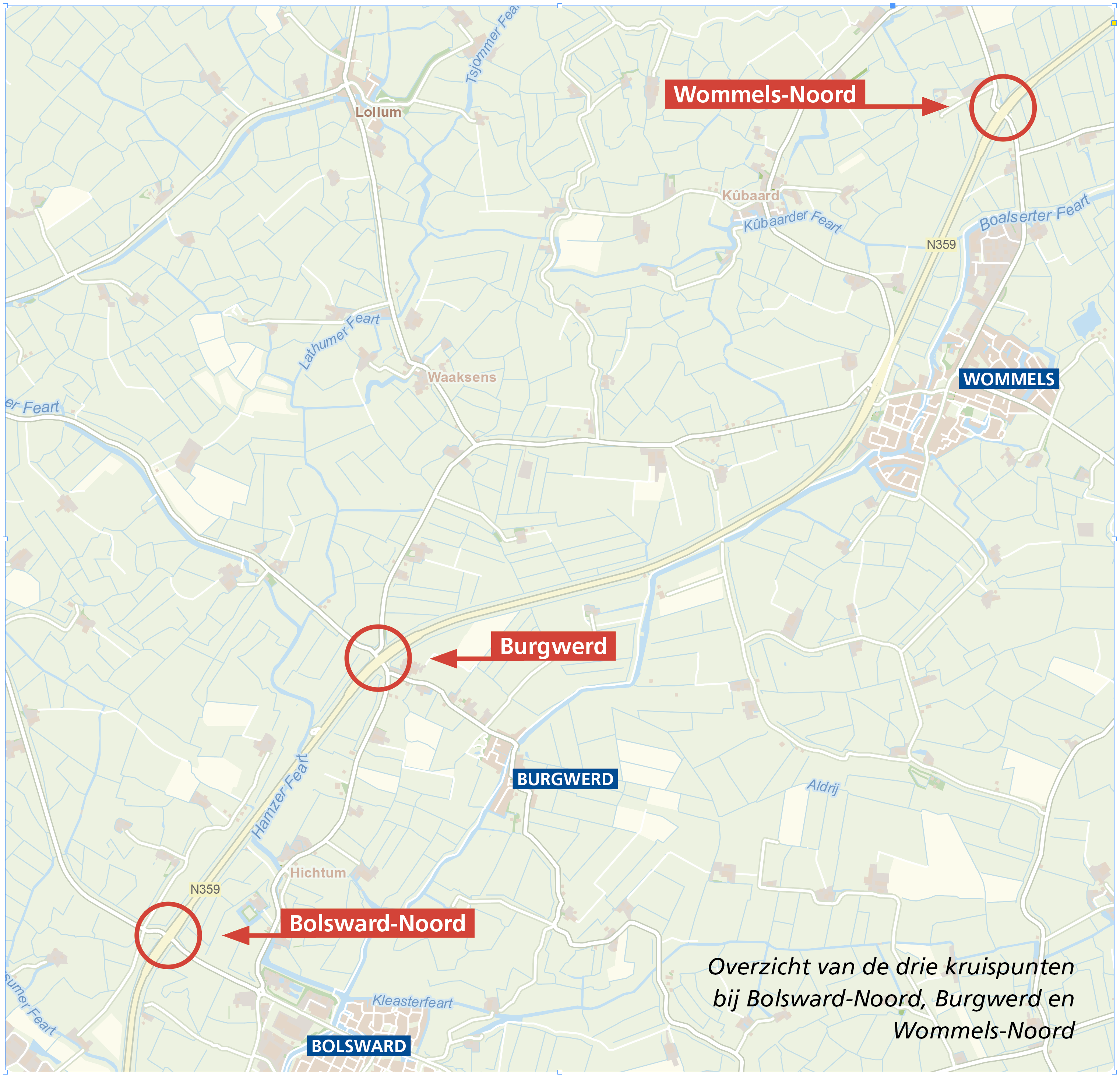 Overzicht van de drie kruispunten bij Bolsward-Noord, Burgwerd en Wommels-Noord.