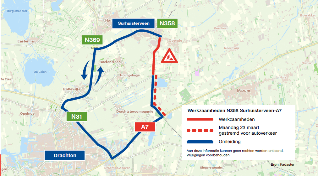 Overzichtskaart waar de stremmingen en de omleiding op aangegeven wordt.
