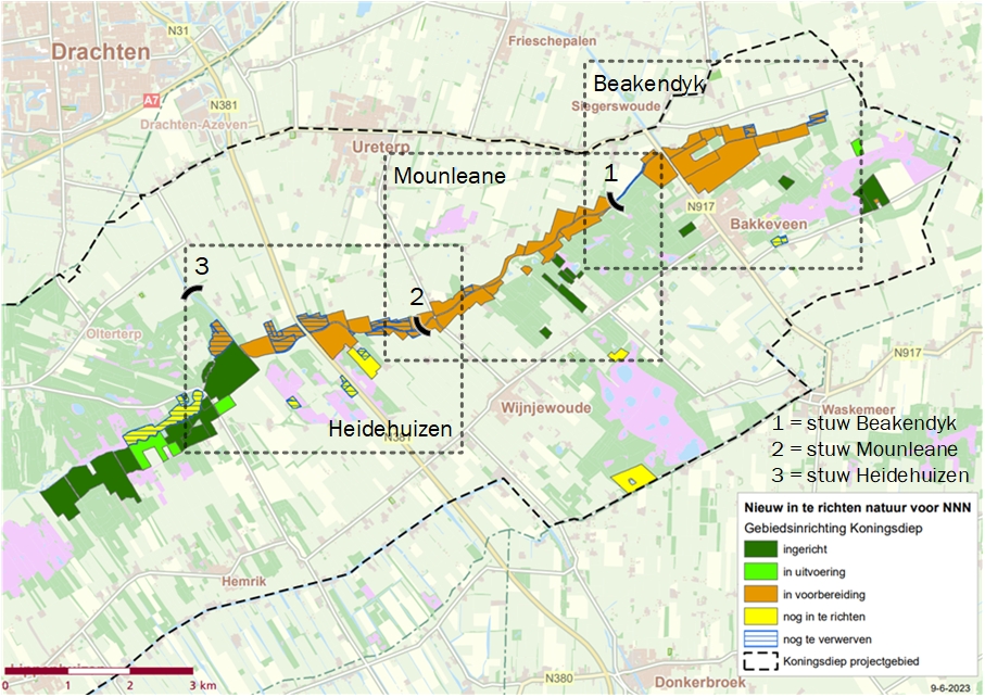 Een overzichtskaart waar met nummers de stuwvakken aangegeven wordt.