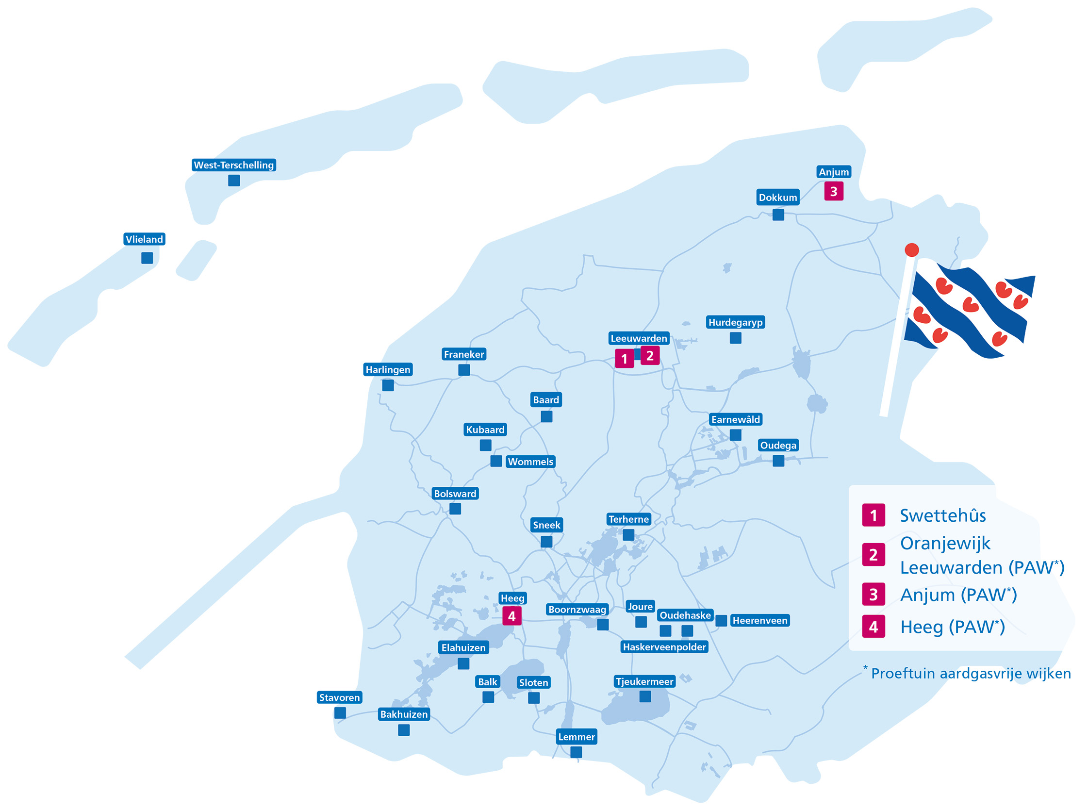 Een kaart van Fryslân waarop plaatsnamen te zien zijn en blokjes met de nummers 1 t/m 4 