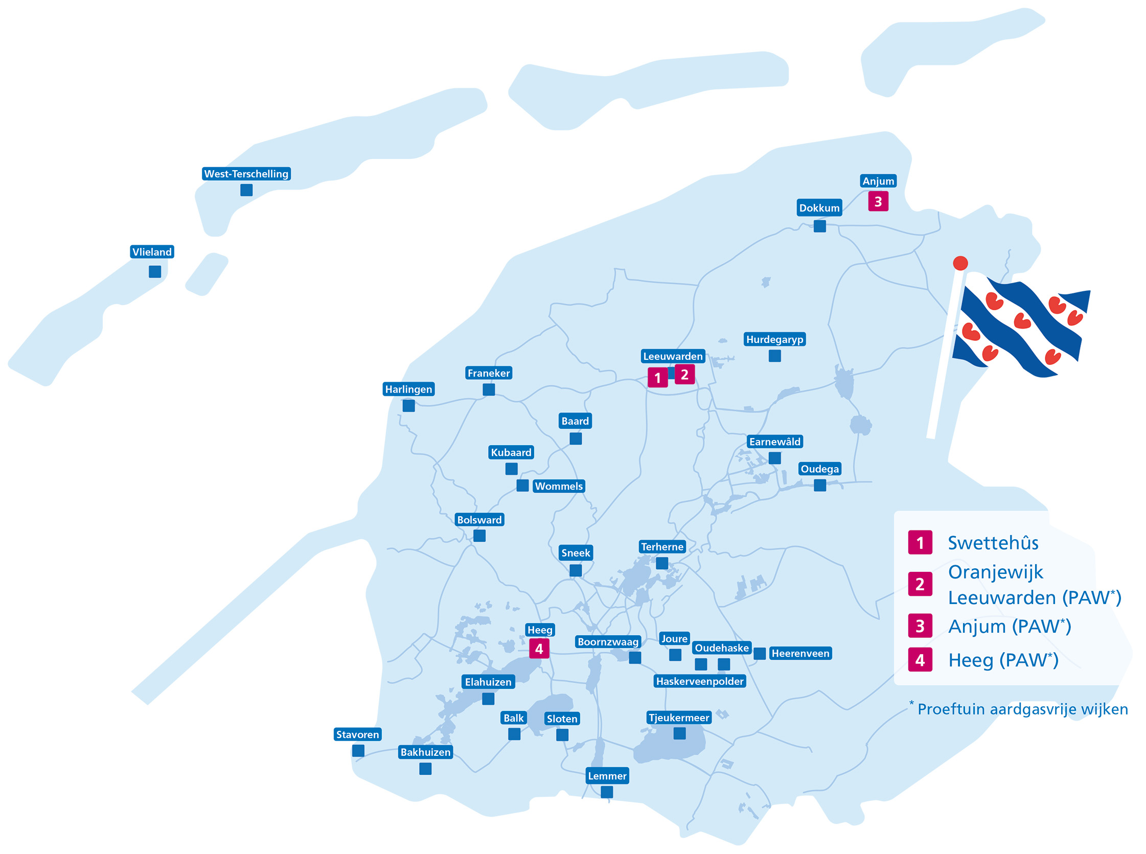 Een kaart van Fryslân waarop plaatsnamen te zien zijn en blokjes met de nummers 1 t/m 4