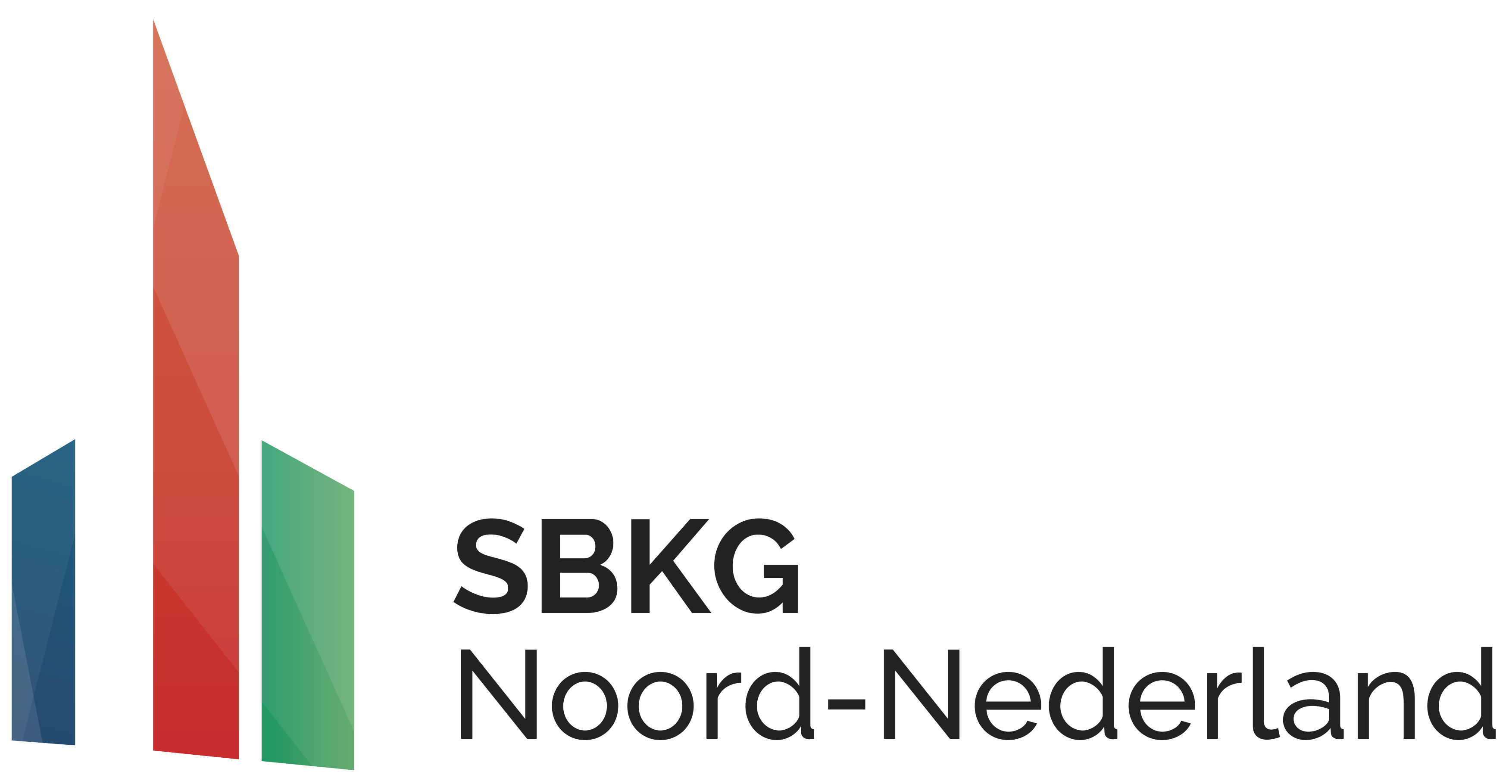 Logo waar twee korte blokken in blauw en groen staan en daar tussenin een langer blok in het rood. En de tekst in het zwart: SBKG Noord-Nederland 
