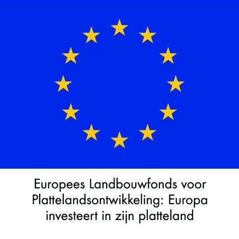 Logo Europees Landbouwfonds. Een blauw vlak met 12 gele sterren in een rondje met daaronder de tekst: Europees Landbouwfonds voor Plattelandsontwikkeling: Europa investeert in zijn platteland.