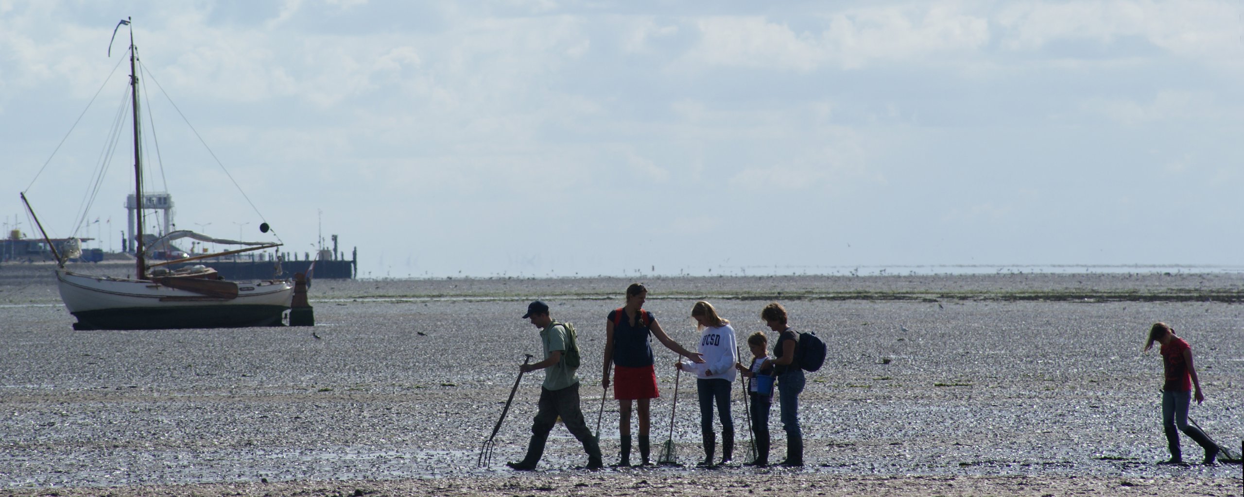 Mensen die in een groepje op het wad lopen met een boot op de achtergrond.