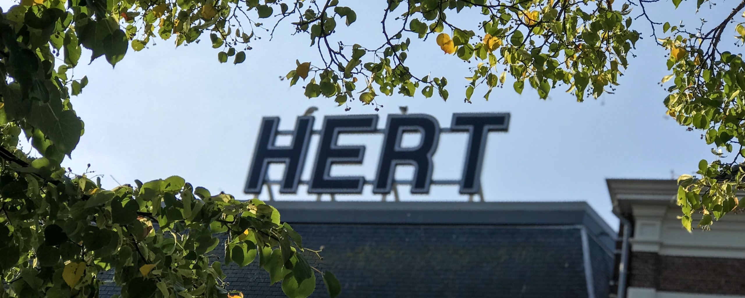 Blaadjes aan de boom met een doorkijkje naar het woord 'Hert' dat op het dak van een gebouw staat