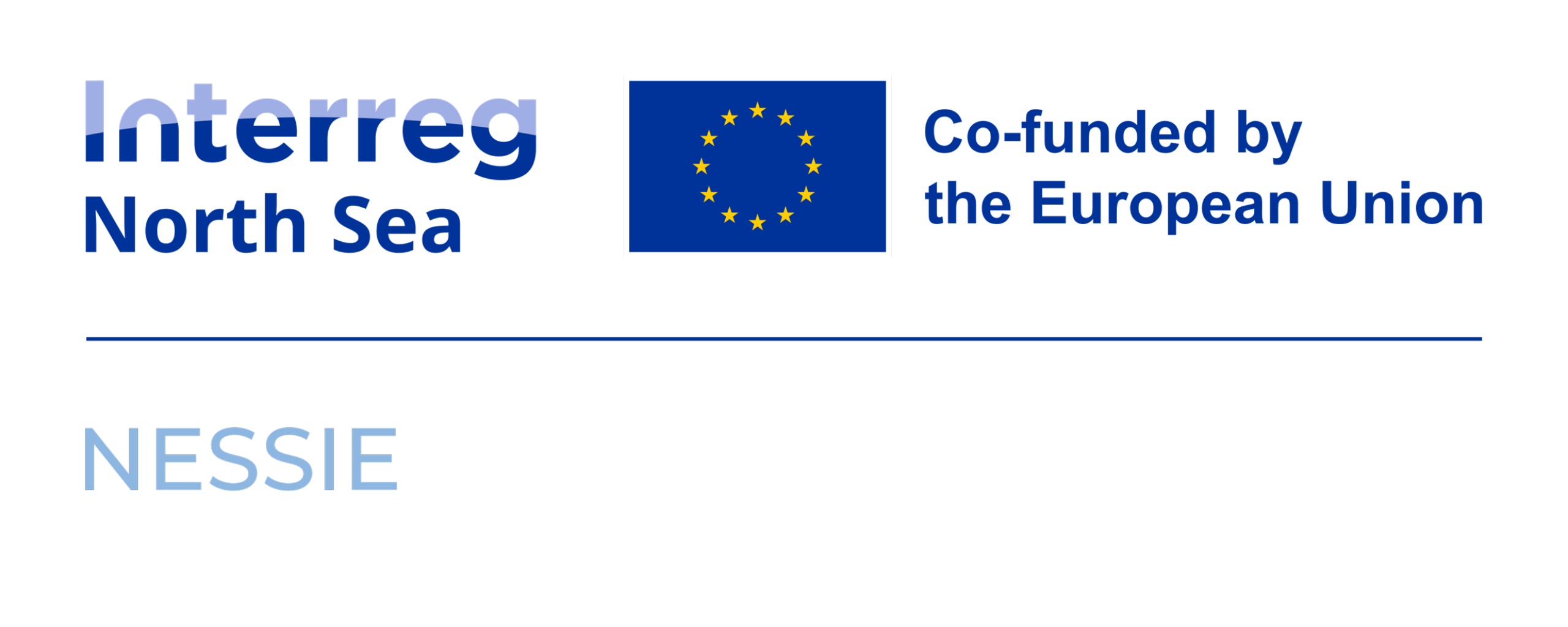 Een logo waar bovenin Interreg North Seat in blauwe letters staat met daarnaast de Europese vlag, Blauw vak met gele sterren. Daaronder staat NESSIE