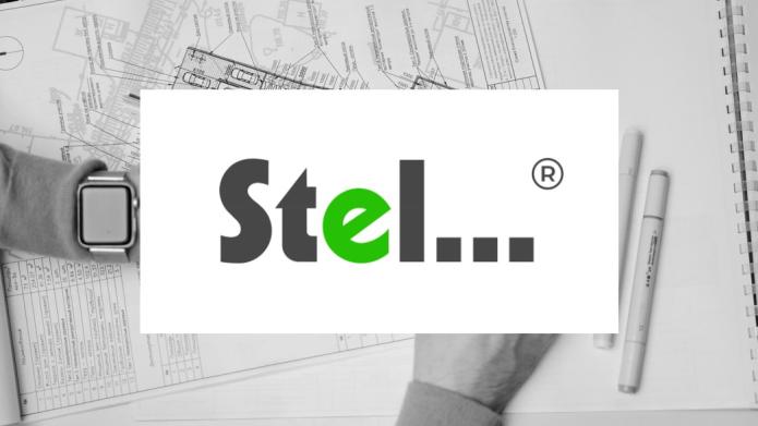 Logo van Stel... in zwarte letters en stippen, behalve de e, die is groen