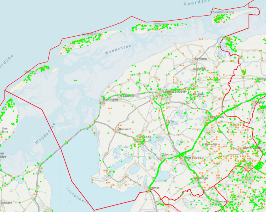Afbeelding van een kaart waarop de verspreiding van jacobskruiskruid in Fryslân is te zien