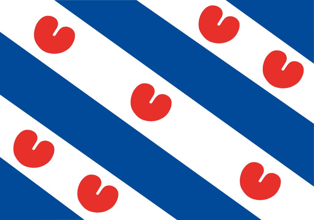 De Friese vlag met schuine witte en blauwe banen. In de 3 witte banen staan in totaal 7 pompeblêden.