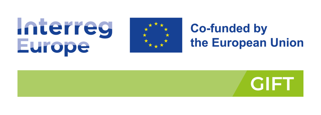 Logo van GIFT. In blauwe letters staat er Interreg Europe en Co-funded by the European Union. in het midden een Europese vlag en onder in een groene balk staat GIFT